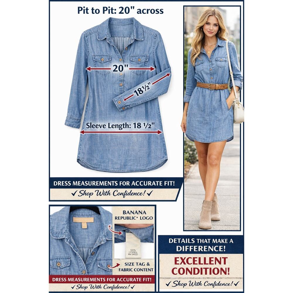 Banana Republic Chambray Shirt Dress Blue Lyocell Womens 10 Utility Coastal Chic